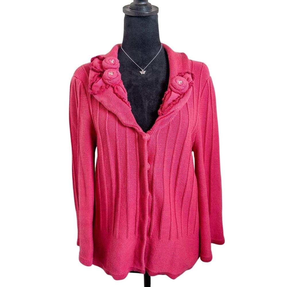 CAbi Pink Ribbed Knit Cardigan Ruffle Collar Button Front Medium - Picture 4 of 9
